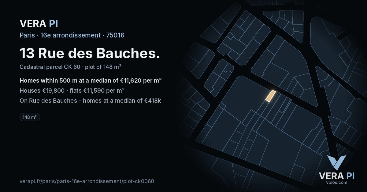 13 Rue des Bauches, 16e arrondissement at night – the plot lit, the parcels around coloured by the prices near them