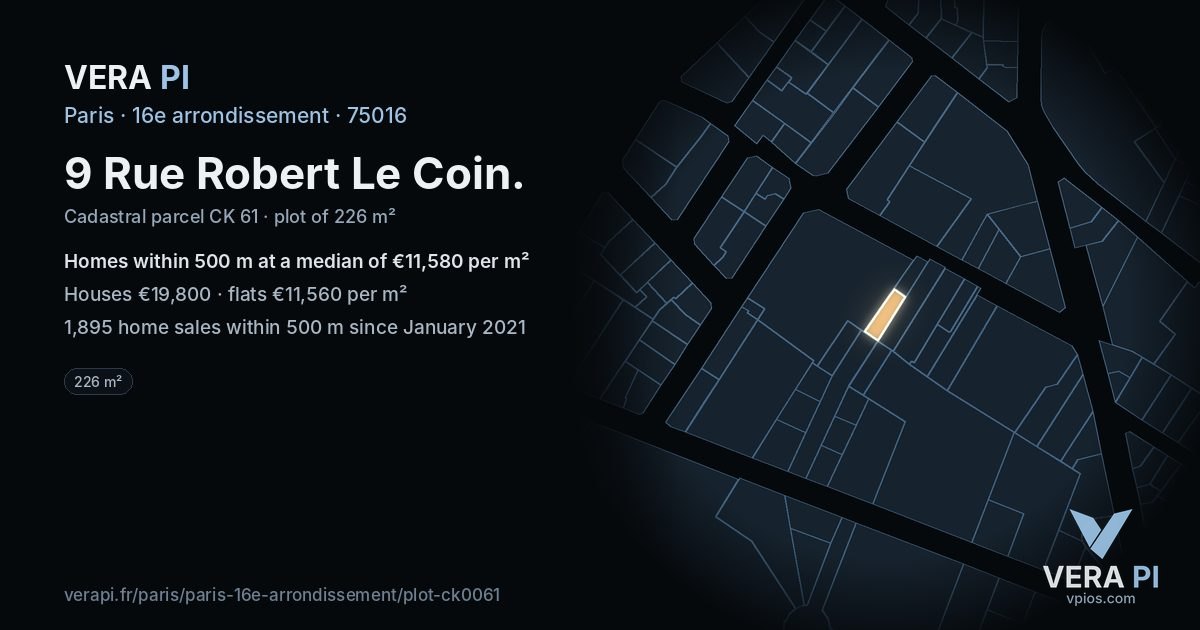 9 Rue Robert Le Coin, 16e arrondissement at night – the plot lit, the parcels around coloured by the prices near them