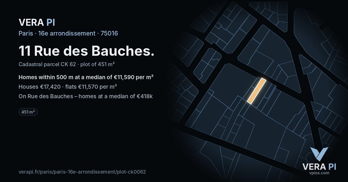 11 Rue des Bauches, 16e arrondissement at night – the plot lit, the parcels around coloured by the prices near them