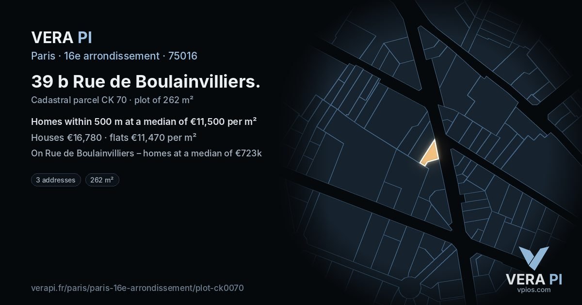 39 b Rue de Boulainvilliers, 16e arrondissement at night – the plot lit, the parcels around coloured by the prices near them