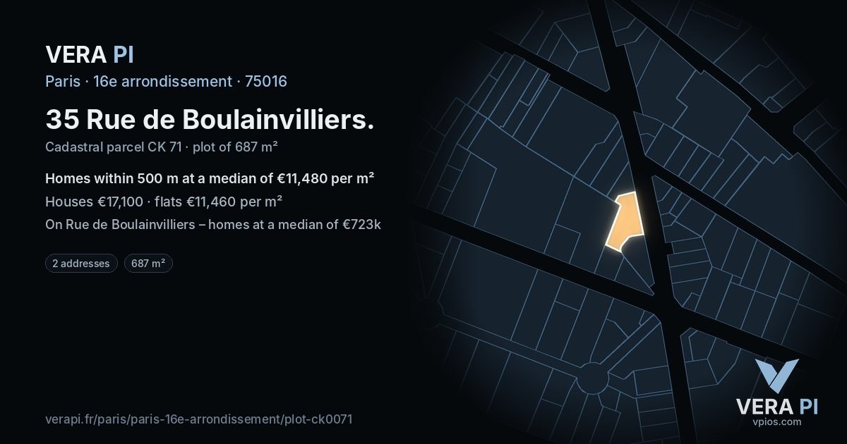 35 Rue de Boulainvilliers, 16e arrondissement at night – the plot lit, the parcels around coloured by the prices near them