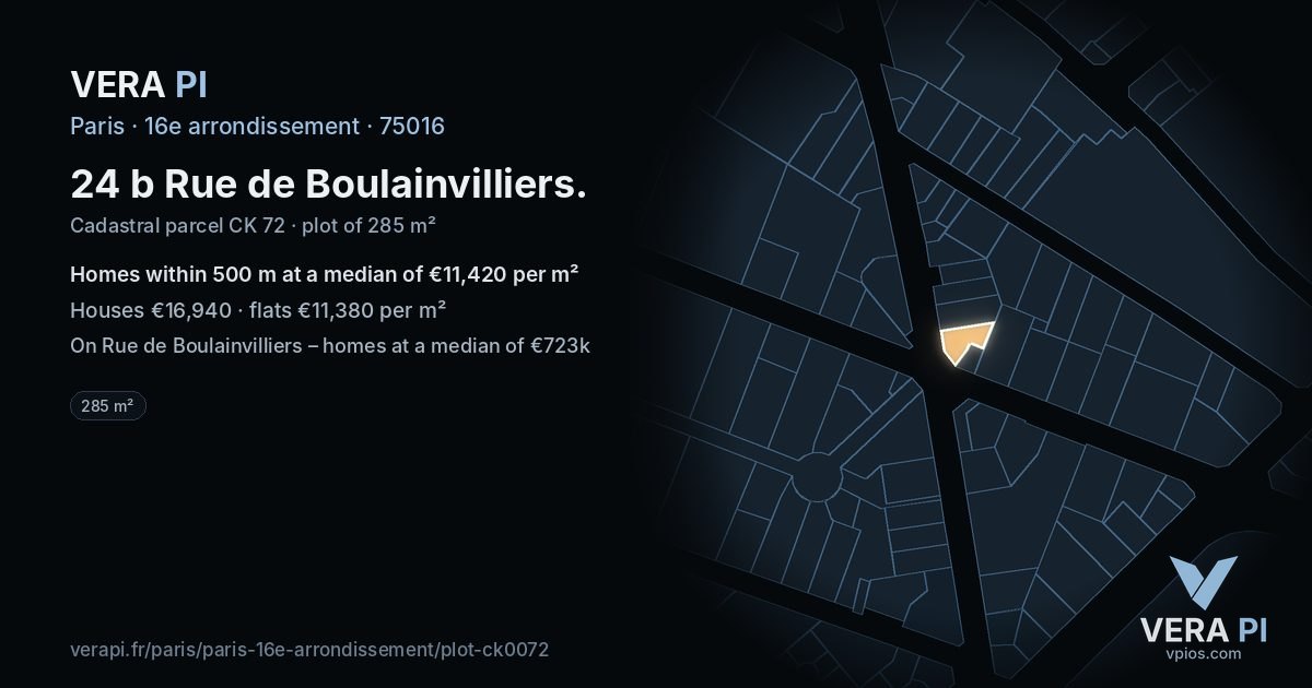 24 b Rue de Boulainvilliers, 16e arrondissement at night – the plot lit, the parcels around coloured by the prices near them
