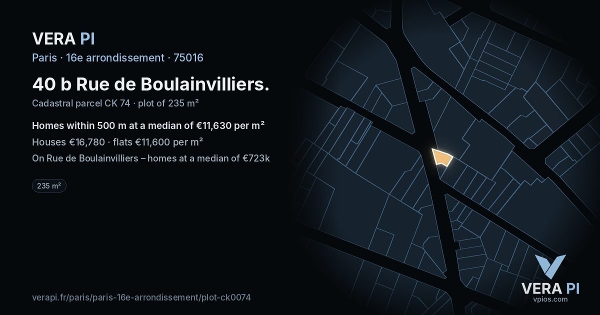 40 b Rue de Boulainvilliers, 16e arrondissement at night – the plot lit, the parcels around coloured by the prices near them