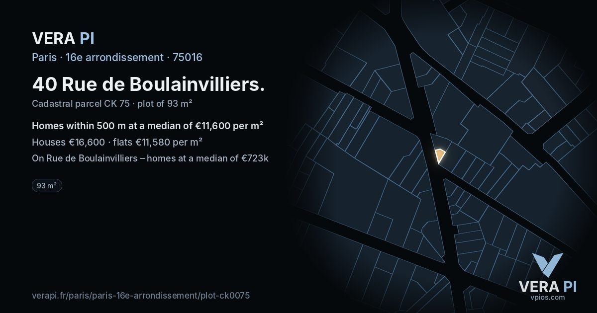 40 Rue de Boulainvilliers, 16e arrondissement at night – the plot lit, the parcels around coloured by the prices near them