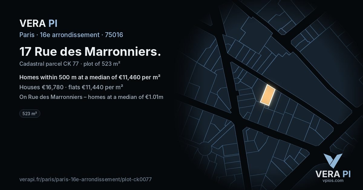 17 Rue des Marronniers, 16e arrondissement at night – the plot lit, the parcels around coloured by the prices near them