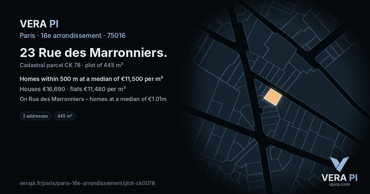 23 Rue des Marronniers, 16e arrondissement at night – the plot lit, the parcels around coloured by the prices near them