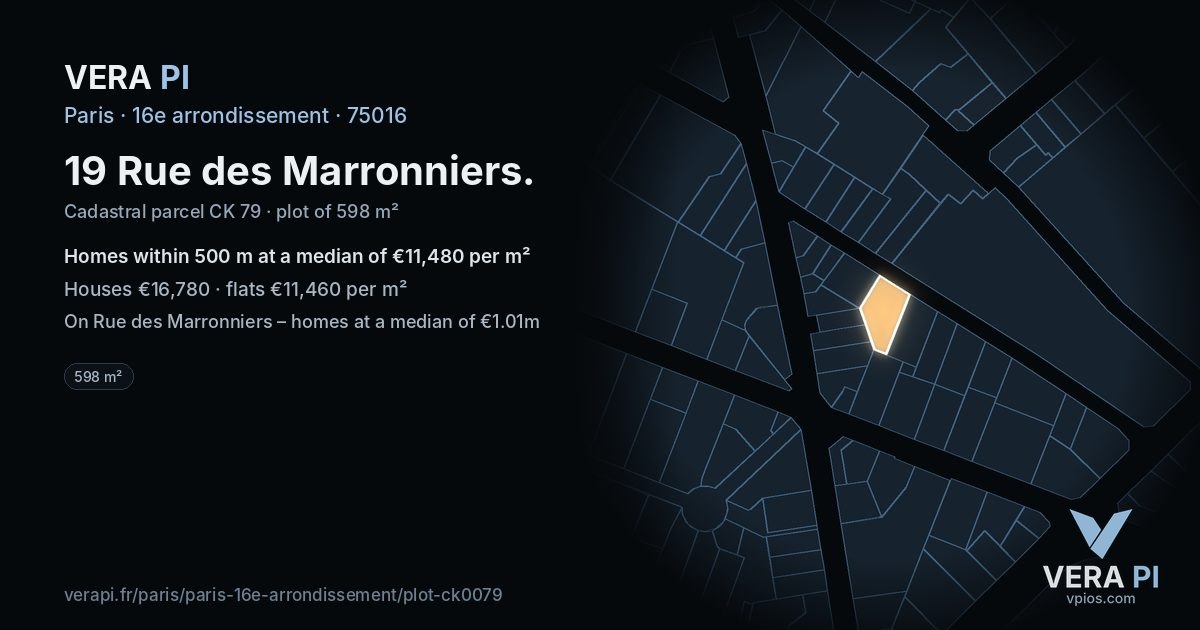 19 Rue des Marronniers, 16e arrondissement at night – the plot lit, the parcels around coloured by the prices near them