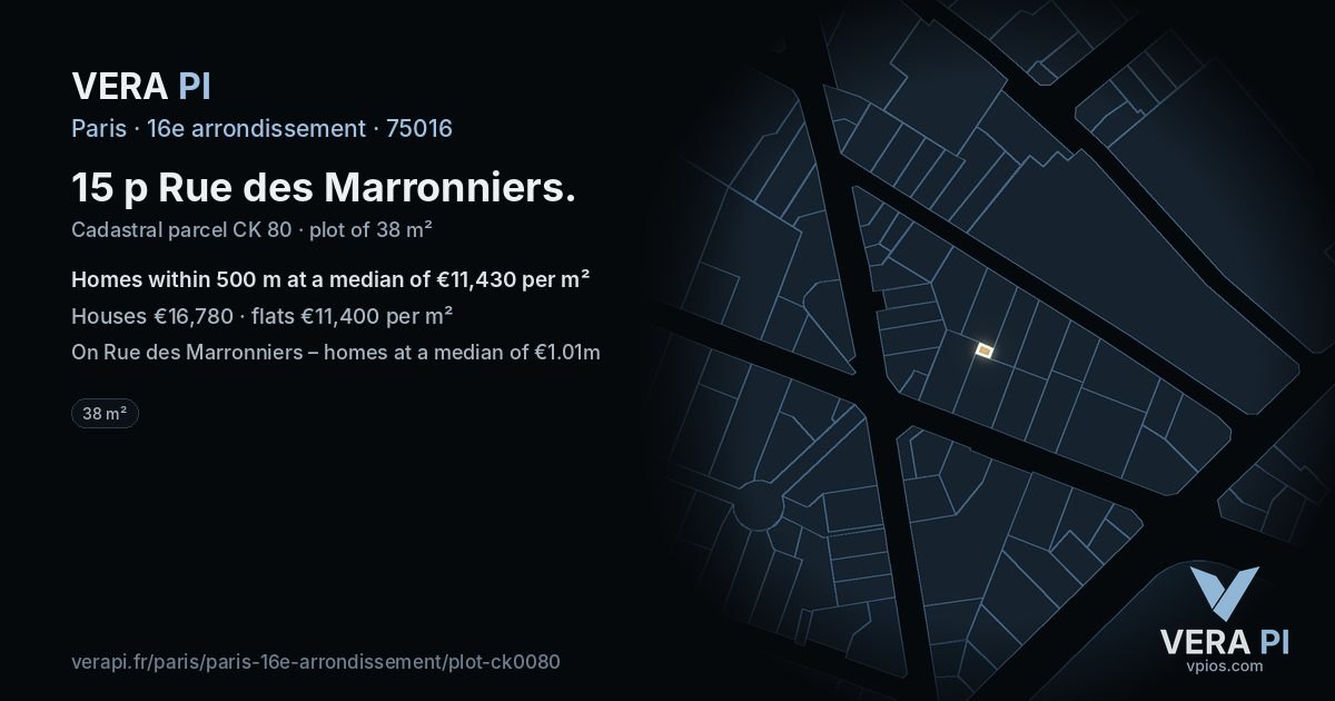 15 p Rue des Marronniers, 16e arrondissement at night – the plot lit, the parcels around coloured by the prices near them