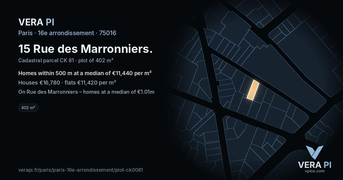 15 Rue des Marronniers, 16e arrondissement at night – the plot lit, the parcels around coloured by the prices near them