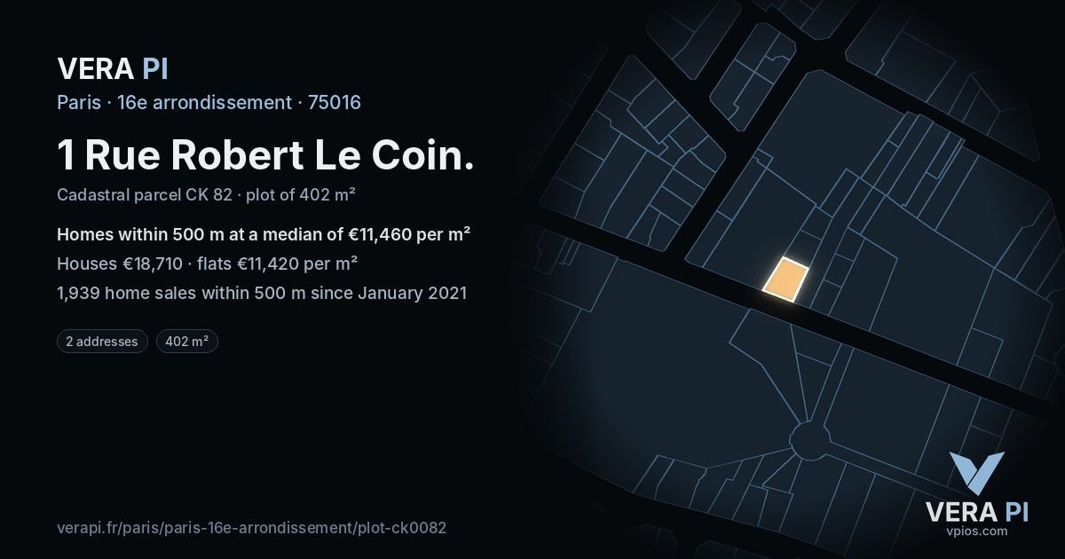 1 Rue Robert Le Coin, 16e arrondissement at night – the plot lit, the parcels around coloured by the prices near them