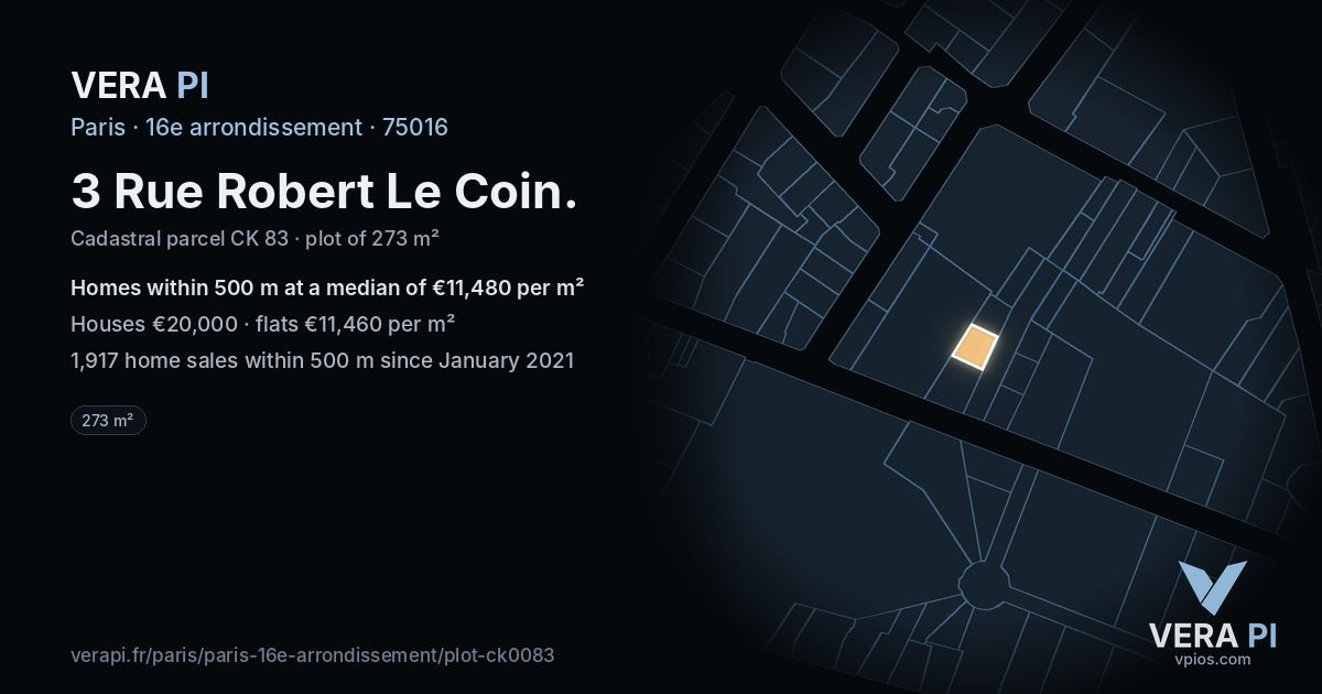3 Rue Robert Le Coin, 16e arrondissement at night – the plot lit, the parcels around coloured by the prices near them