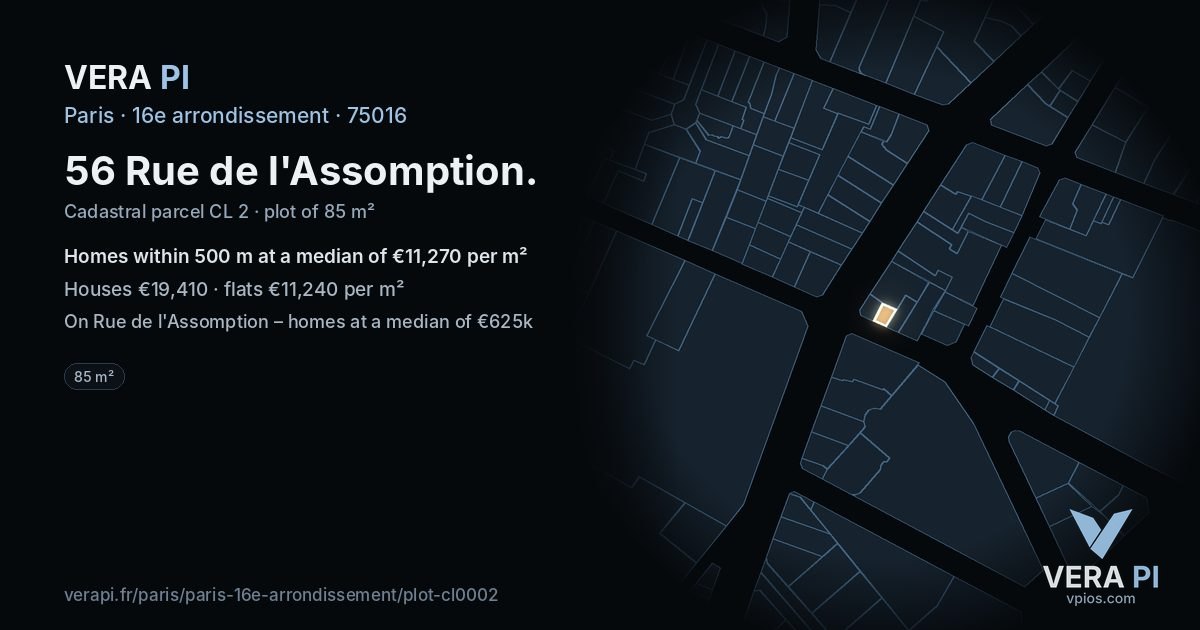56 Rue de l'Assomption, 16e arrondissement at night – the plot lit, the parcels around coloured by the prices near them