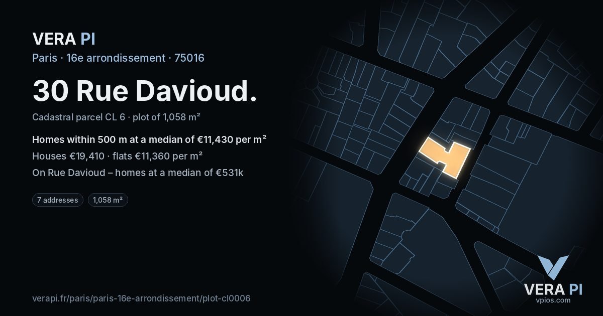 30 Rue Davioud, 16e arrondissement at night – the plot lit, the parcels around coloured by the prices near them
