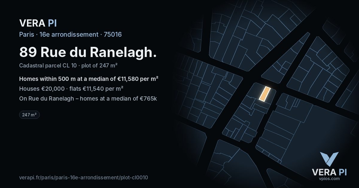89 Rue du Ranelagh, 16e arrondissement at night – the plot lit, the parcels around coloured by the prices near them