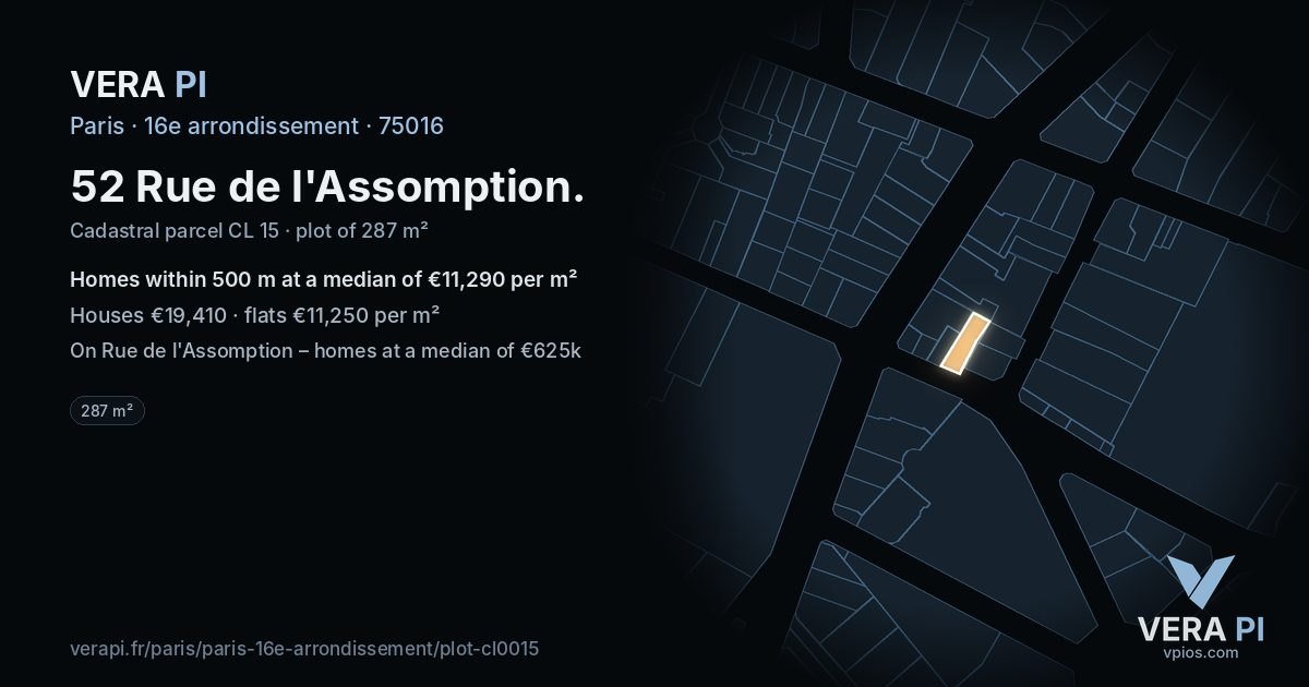 52 Rue de l'Assomption, 16e arrondissement at night – the plot lit, the parcels around coloured by the prices near them