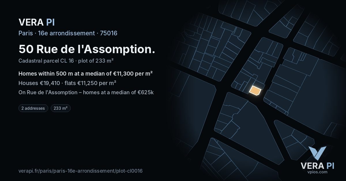 50 Rue de l'Assomption, 16e arrondissement at night – the plot lit, the parcels around coloured by the prices near them