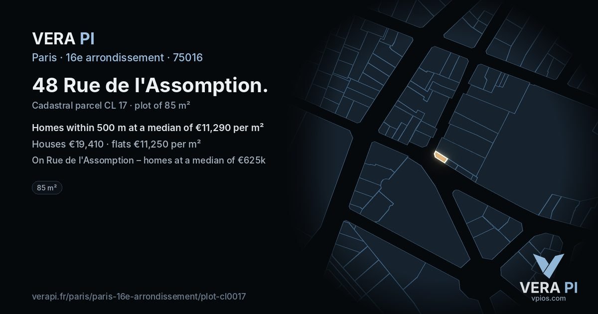 48 Rue de l'Assomption, 16e arrondissement at night – the plot lit, the parcels around coloured by the prices near them