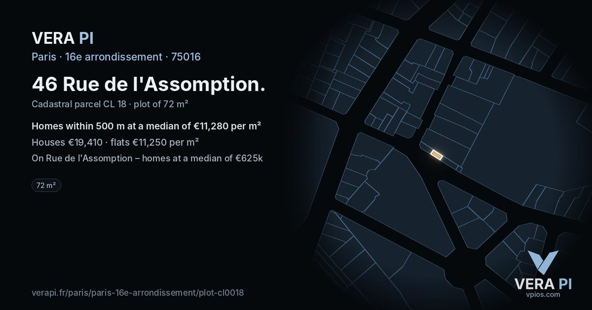 46 Rue de l'Assomption, 16e arrondissement at night – the plot lit, the parcels around coloured by the prices near them