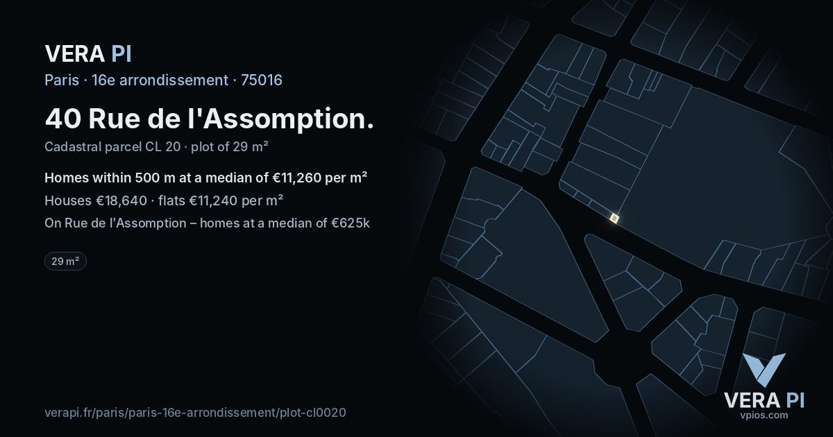 40 Rue de l'Assomption, 16e arrondissement at night – the plot lit, the parcels around coloured by the prices near them