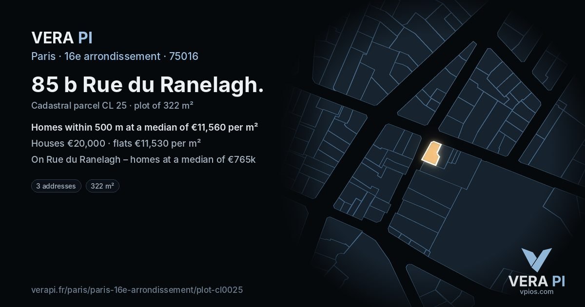 85 b Rue du Ranelagh, 16e arrondissement at night – the plot lit, the parcels around coloured by the prices near them