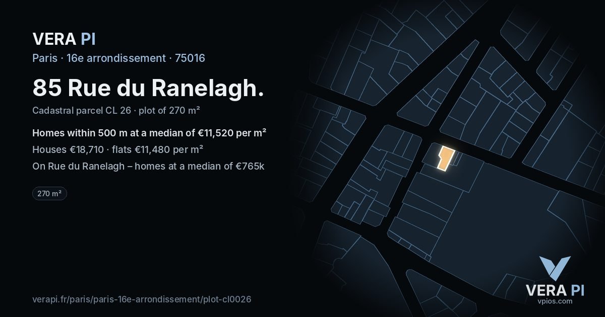 85 Rue du Ranelagh, 16e arrondissement at night – the plot lit, the parcels around coloured by the prices near them