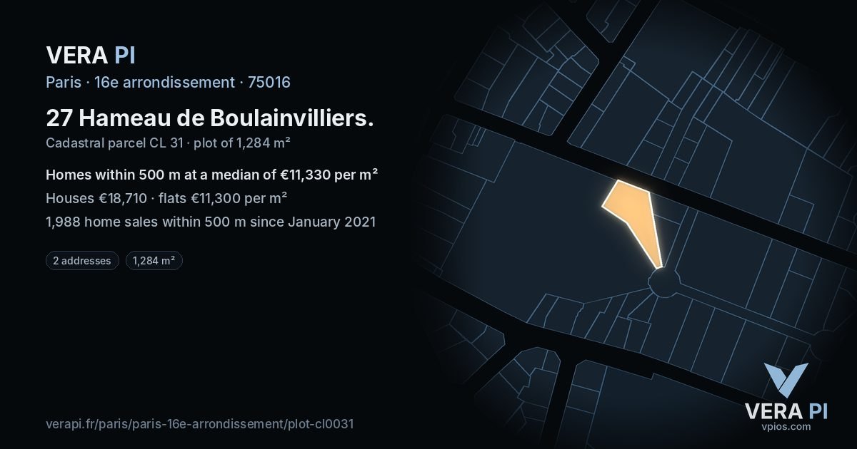 27 Hameau de Boulainvilliers, 16e arrondissement at night – the plot lit, the parcels around coloured by the prices near them