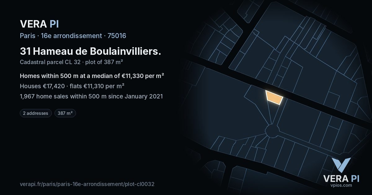 31 Hameau de Boulainvilliers, 16e arrondissement at night – the plot lit, the parcels around coloured by the prices near them