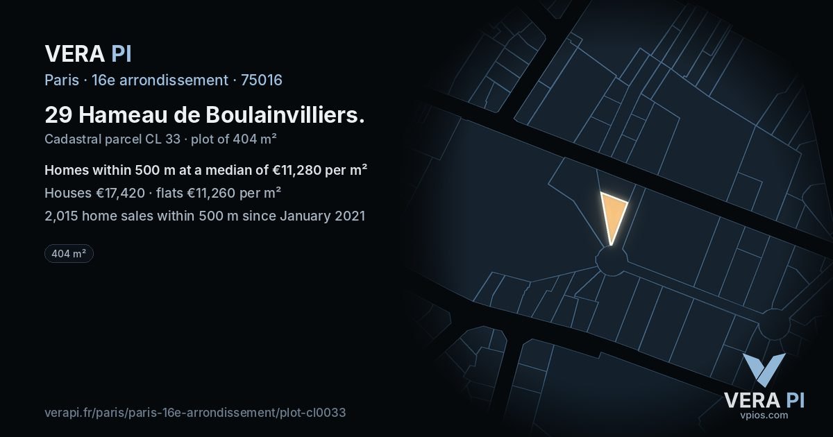 29 Hameau de Boulainvilliers, 16e arrondissement at night – the plot lit, the parcels around coloured by the prices near them