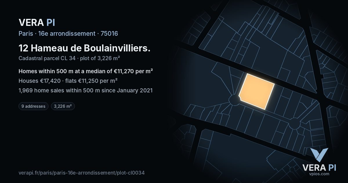 12 Hameau de Boulainvilliers, 16e arrondissement at night – the plot lit, the parcels around coloured by the prices near them