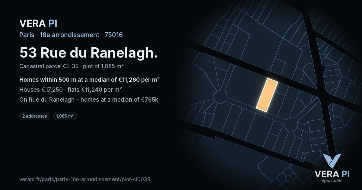 53 Rue du Ranelagh, 16e arrondissement at night – the plot lit, the parcels around coloured by the prices near them