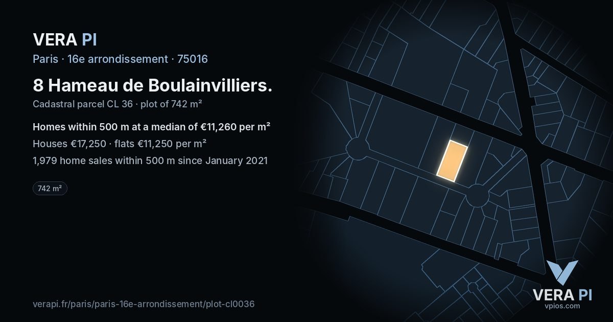 8 Hameau de Boulainvilliers, 16e arrondissement at night – the plot lit, the parcels around coloured by the prices near them