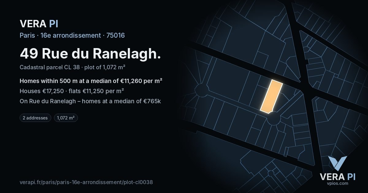 49 Rue du Ranelagh, 16e arrondissement at night – the plot lit, the parcels around coloured by the prices near them