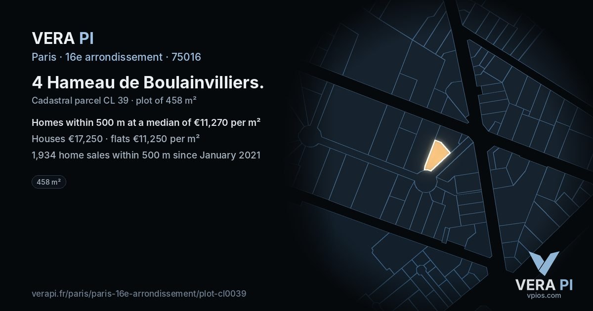 4 Hameau de Boulainvilliers, 16e arrondissement at night – the plot lit, the parcels around coloured by the prices near them