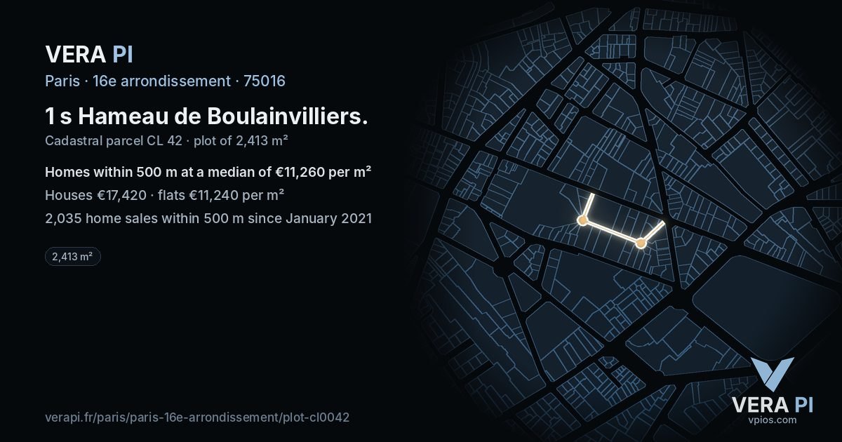 1 s Hameau de Boulainvilliers, 16e arrondissement at night – the plot lit, the parcels around coloured by the prices near them
