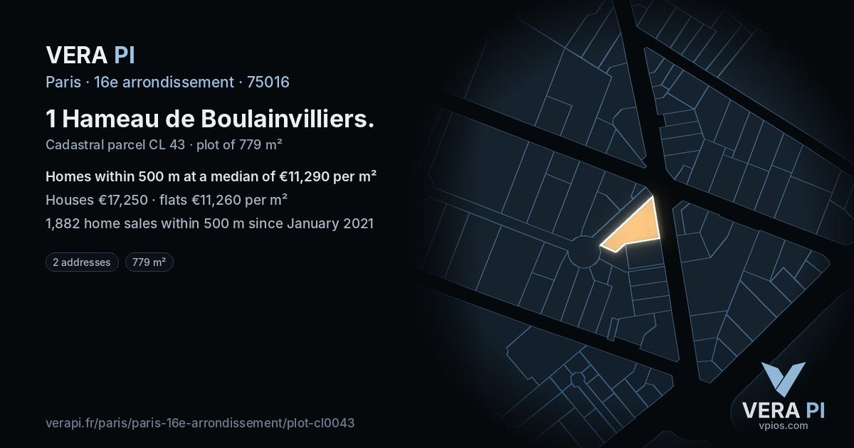 1 Hameau de Boulainvilliers, 16e arrondissement at night – the plot lit, the parcels around coloured by the prices near them