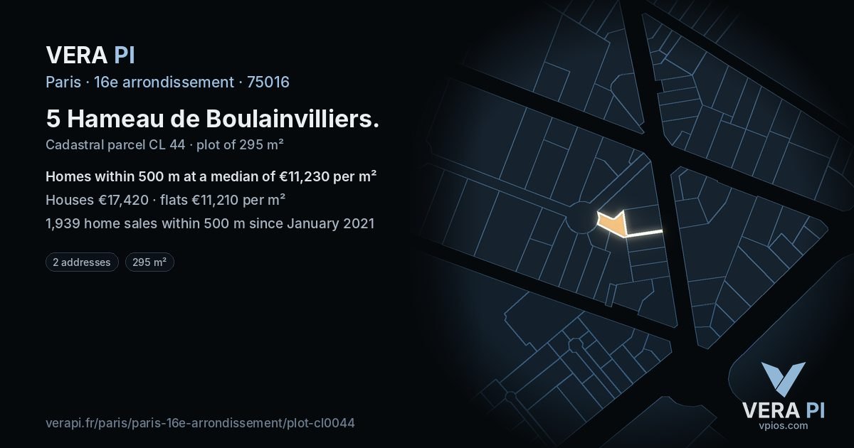 5 Hameau de Boulainvilliers, 16e arrondissement at night – the plot lit, the parcels around coloured by the prices near them