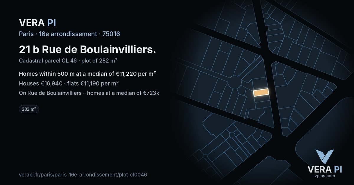 21 b Rue de Boulainvilliers, 16e arrondissement at night – the plot lit, the parcels around coloured by the prices near them