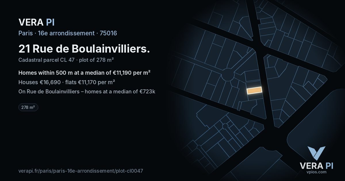 21 Rue de Boulainvilliers, 16e arrondissement at night – the plot lit, the parcels around coloured by the prices near them