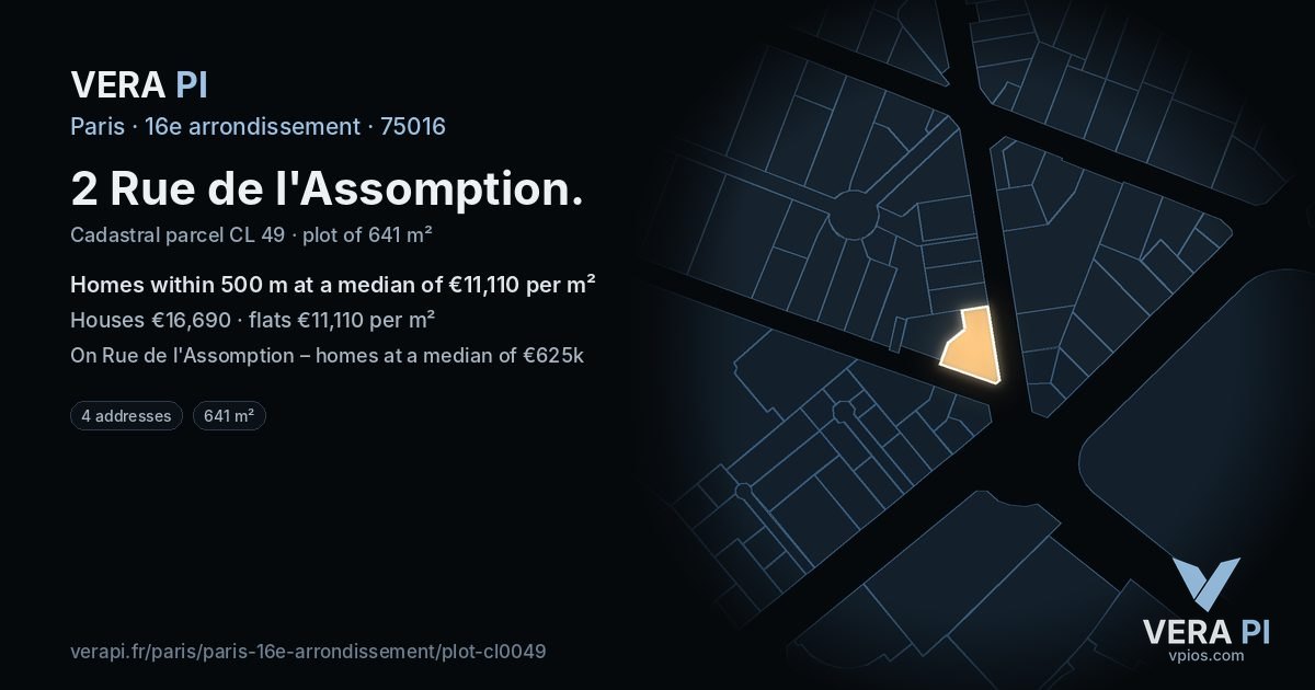 2 Rue de l'Assomption, 16e arrondissement at night – the plot lit, the parcels around coloured by the prices near them