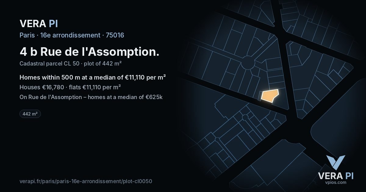 4 b Rue de l'Assomption, 16e arrondissement at night – the plot lit, the parcels around coloured by the prices near them