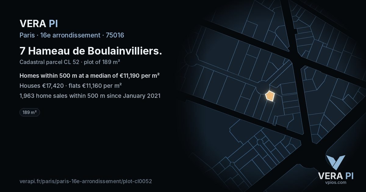 7 Hameau de Boulainvilliers, 16e arrondissement at night – the plot lit, the parcels around coloured by the prices near them