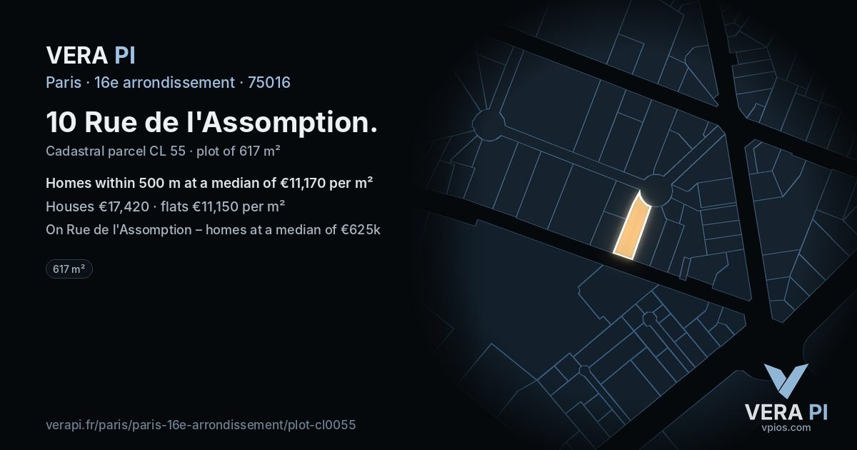 10 Rue de l'Assomption, 16e arrondissement at night – the plot lit, the parcels around coloured by the prices near them