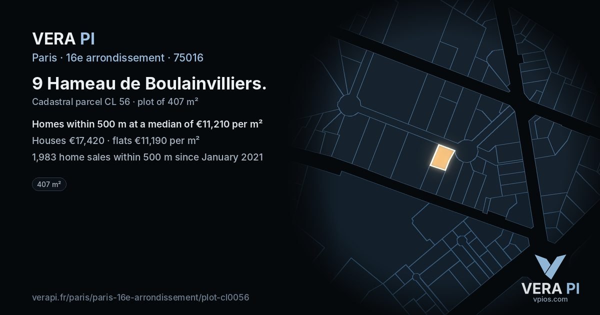 9 Hameau de Boulainvilliers, 16e arrondissement at night – the plot lit, the parcels around coloured by the prices near them