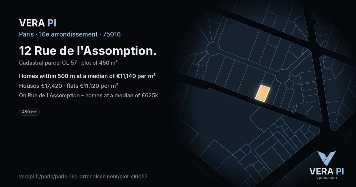 12 Rue de l'Assomption, 16e arrondissement at night – the plot lit, the parcels around coloured by the prices near them