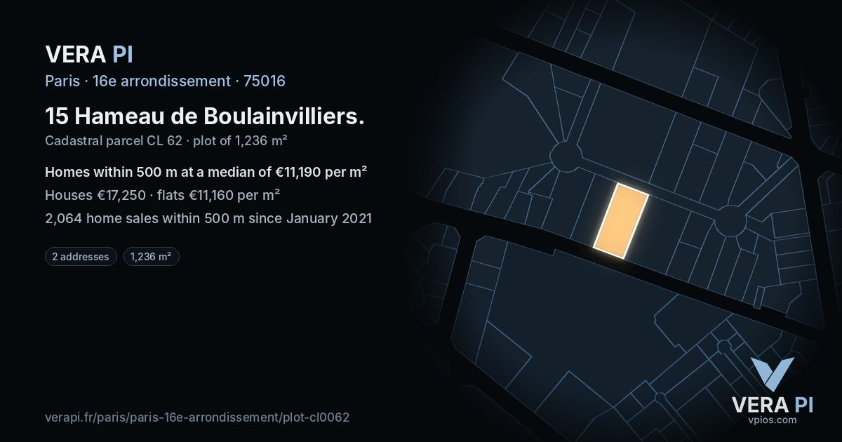 15 Hameau de Boulainvilliers, 16e arrondissement at night – the plot lit, the parcels around coloured by the prices near them