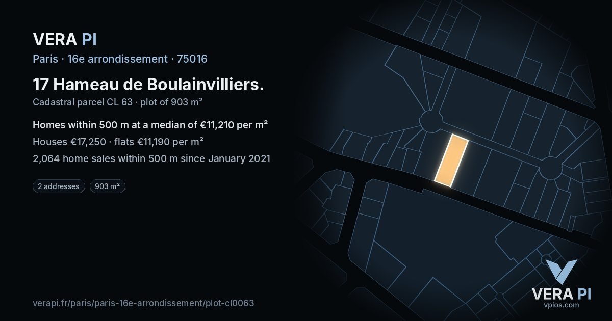 17 Hameau de Boulainvilliers, 16e arrondissement at night – the plot lit, the parcels around coloured by the prices near them