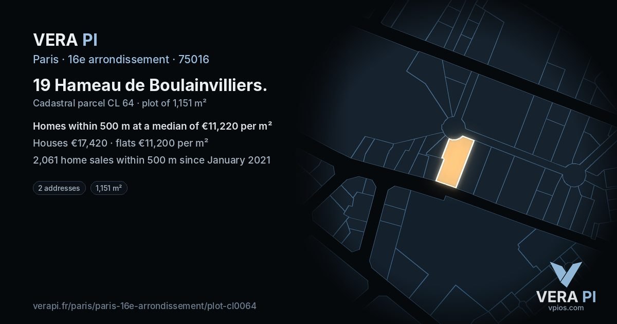 19 Hameau de Boulainvilliers, 16e arrondissement at night – the plot lit, the parcels around coloured by the prices near them