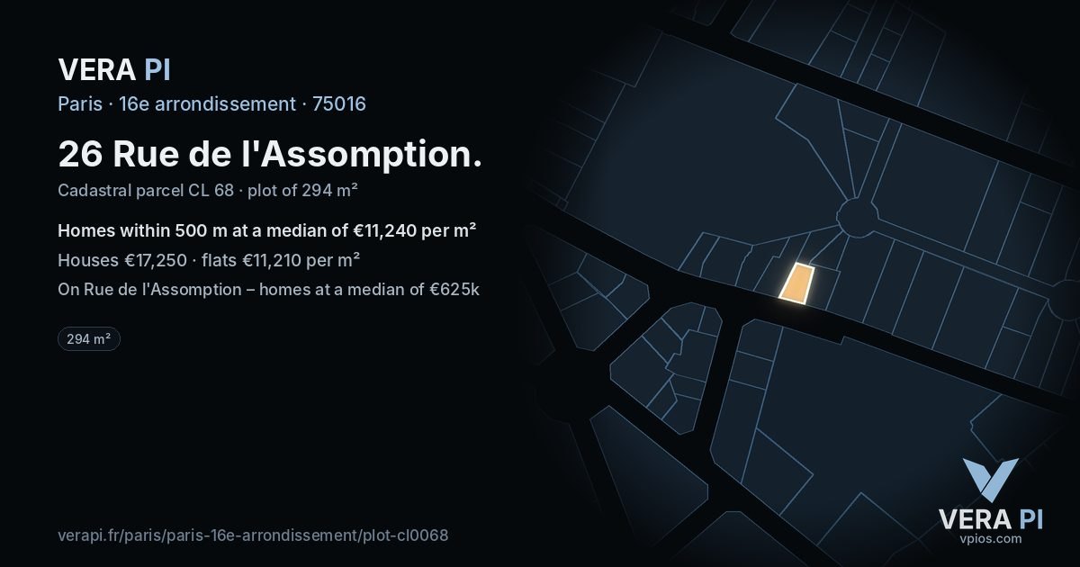 26 Rue de l'Assomption, 16e arrondissement at night – the plot lit, the parcels around coloured by the prices near them