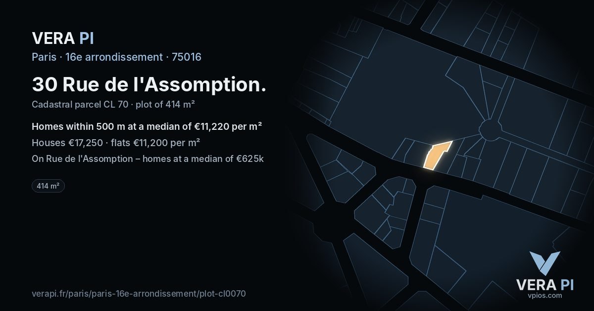 30 Rue de l'Assomption, 16e arrondissement at night – the plot lit, the parcels around coloured by the prices near them