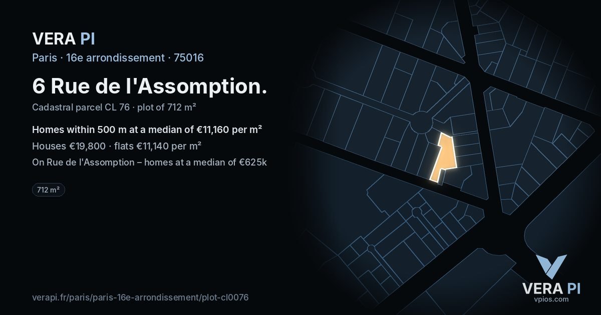 6 Rue de l'Assomption, 16e arrondissement at night – the plot lit, the parcels around coloured by the prices near them